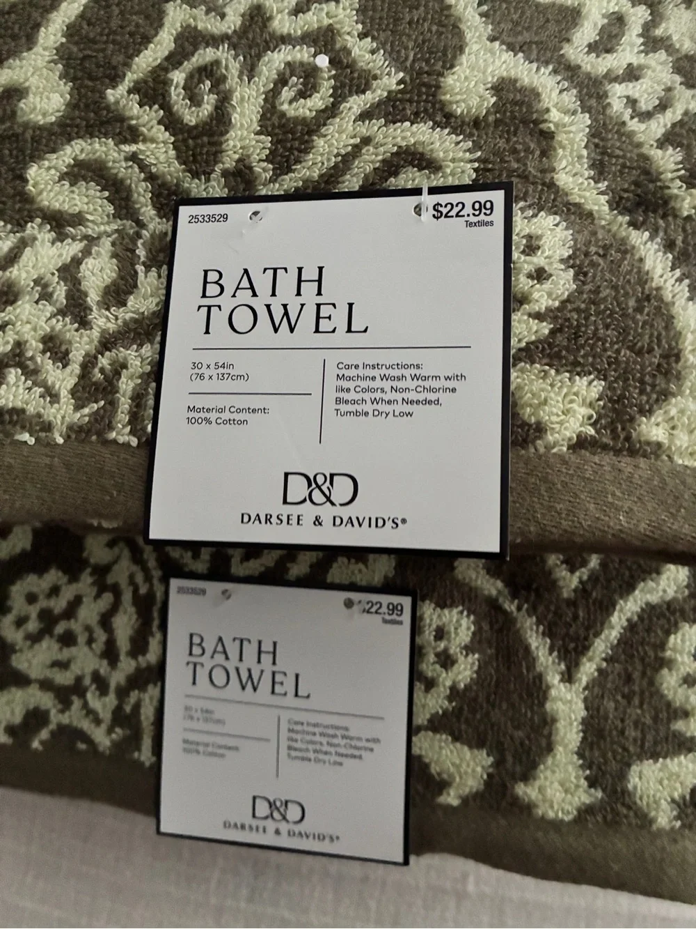 100% Cotton Dark Olive/Sage Green Retro Look Medallion Towel Set  NEW NWT $61